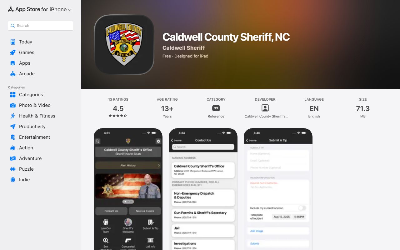 Caldwell County warrant records iOS sheriff app listing